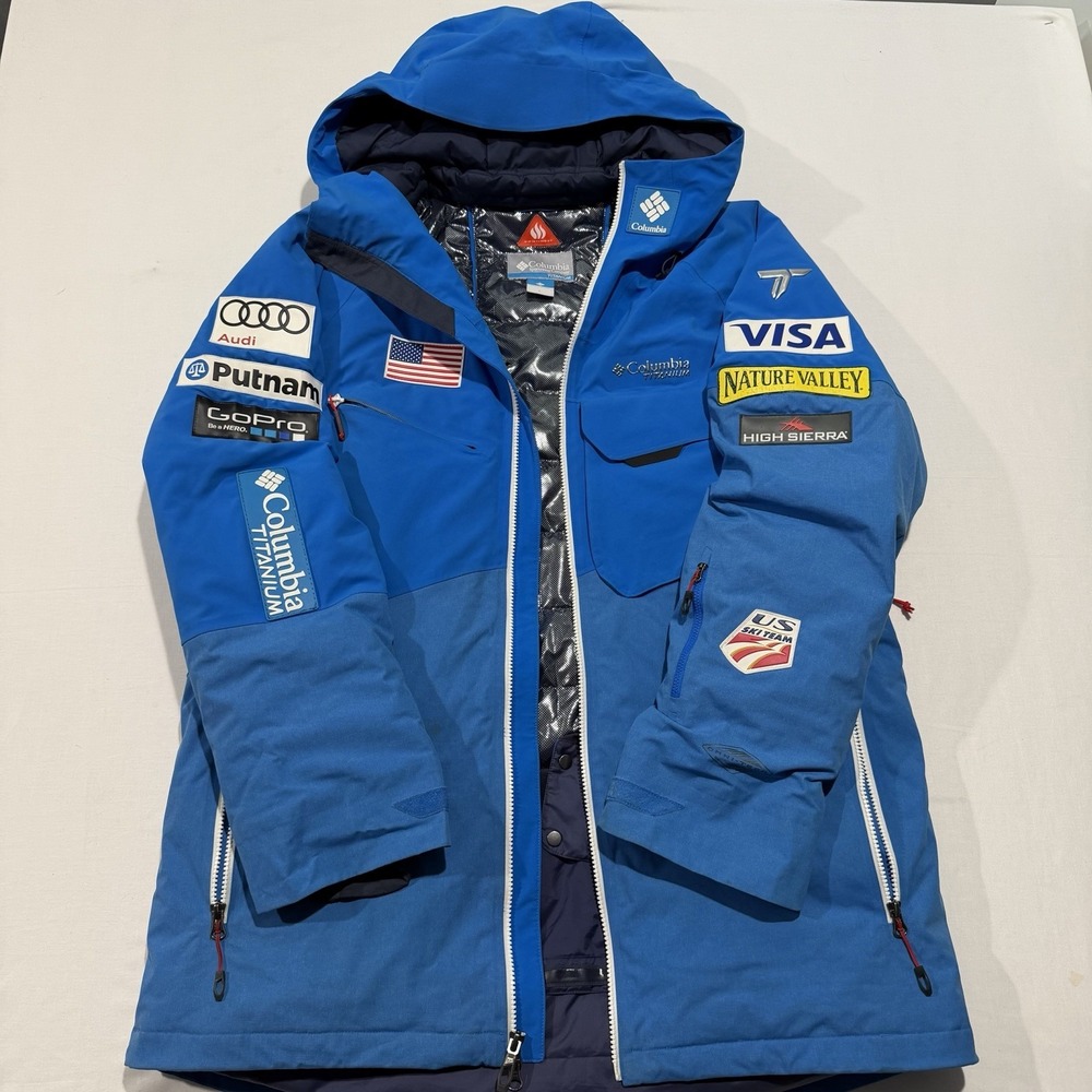 Columbia Titanium US Ski Team Issued Down Parka Mens L Omni Heat Sponsers - Mint